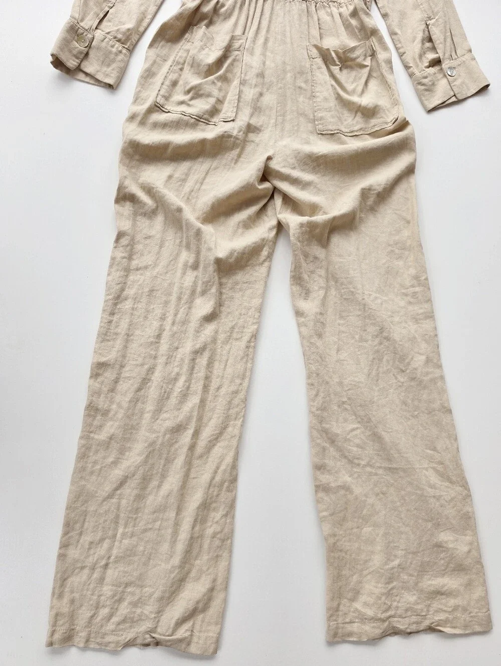 Zara Beige Linen Blend Button Front Collared Wide Leg Jumpsuit